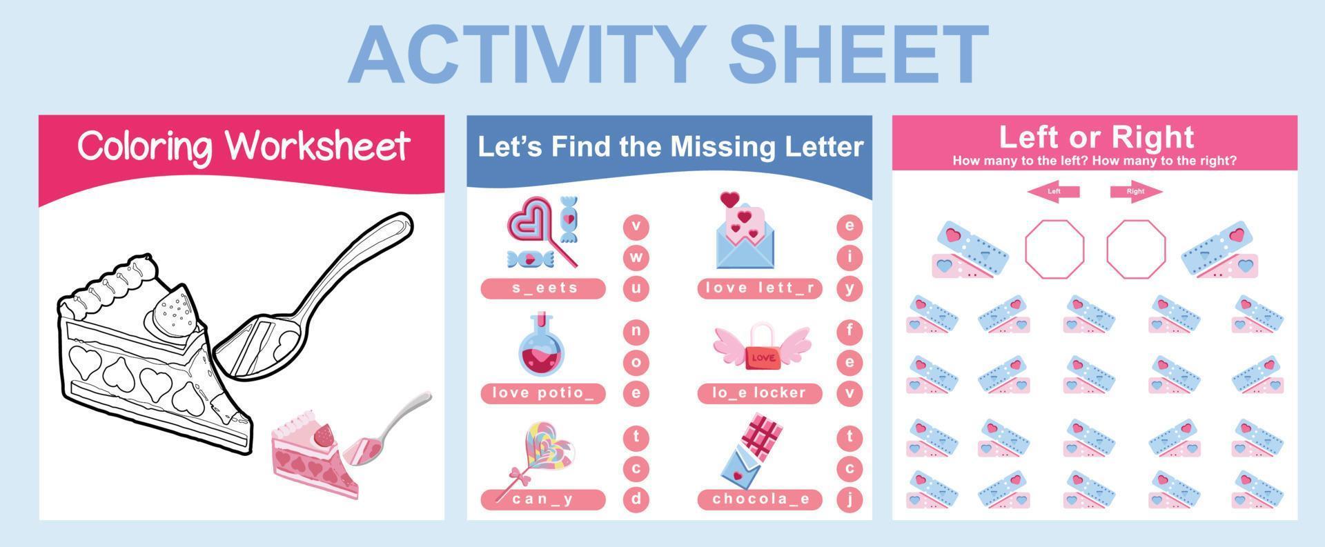 3 in 1 activity sheet for children. Educational printable worksheet. Coloring worksheet, find missing letter, mathematic counting left or right. Vector file.