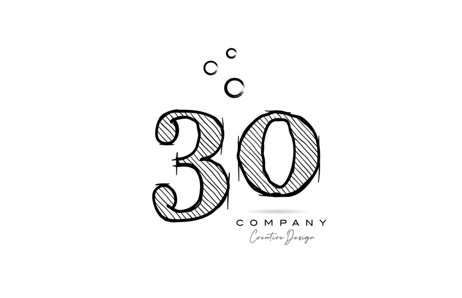 hand drawing number 30 logo icon design for company template. Creative logotype in pencil style vector