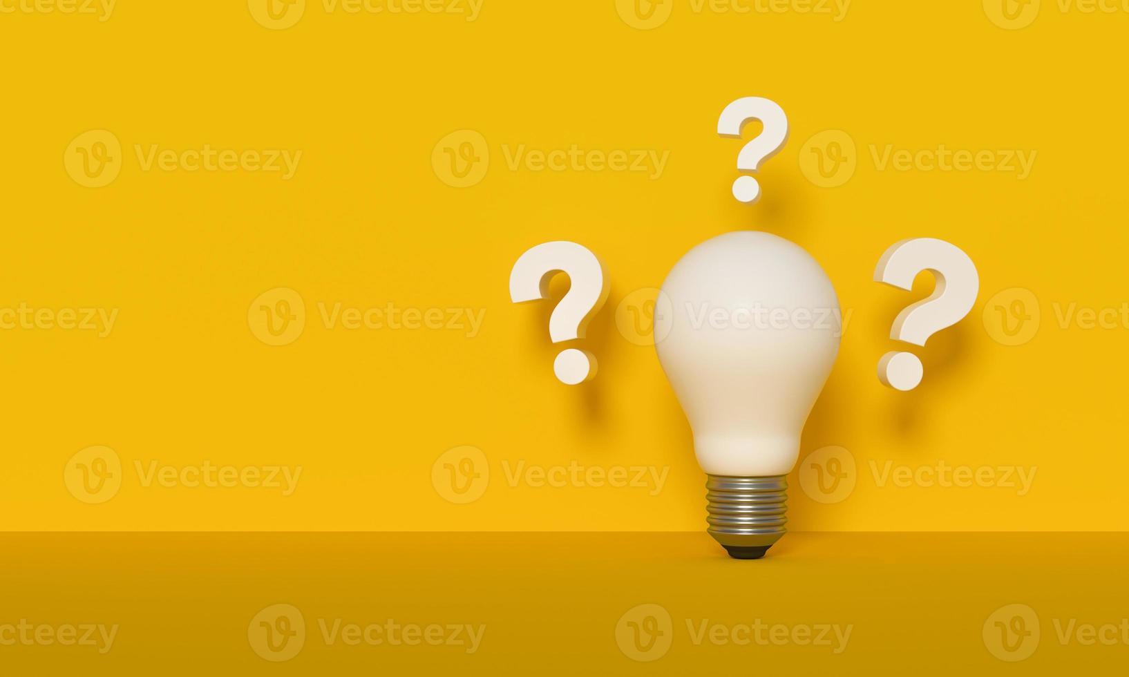 Question marks and a light bulb on yellow background. Innovation and new ideas concept. photo