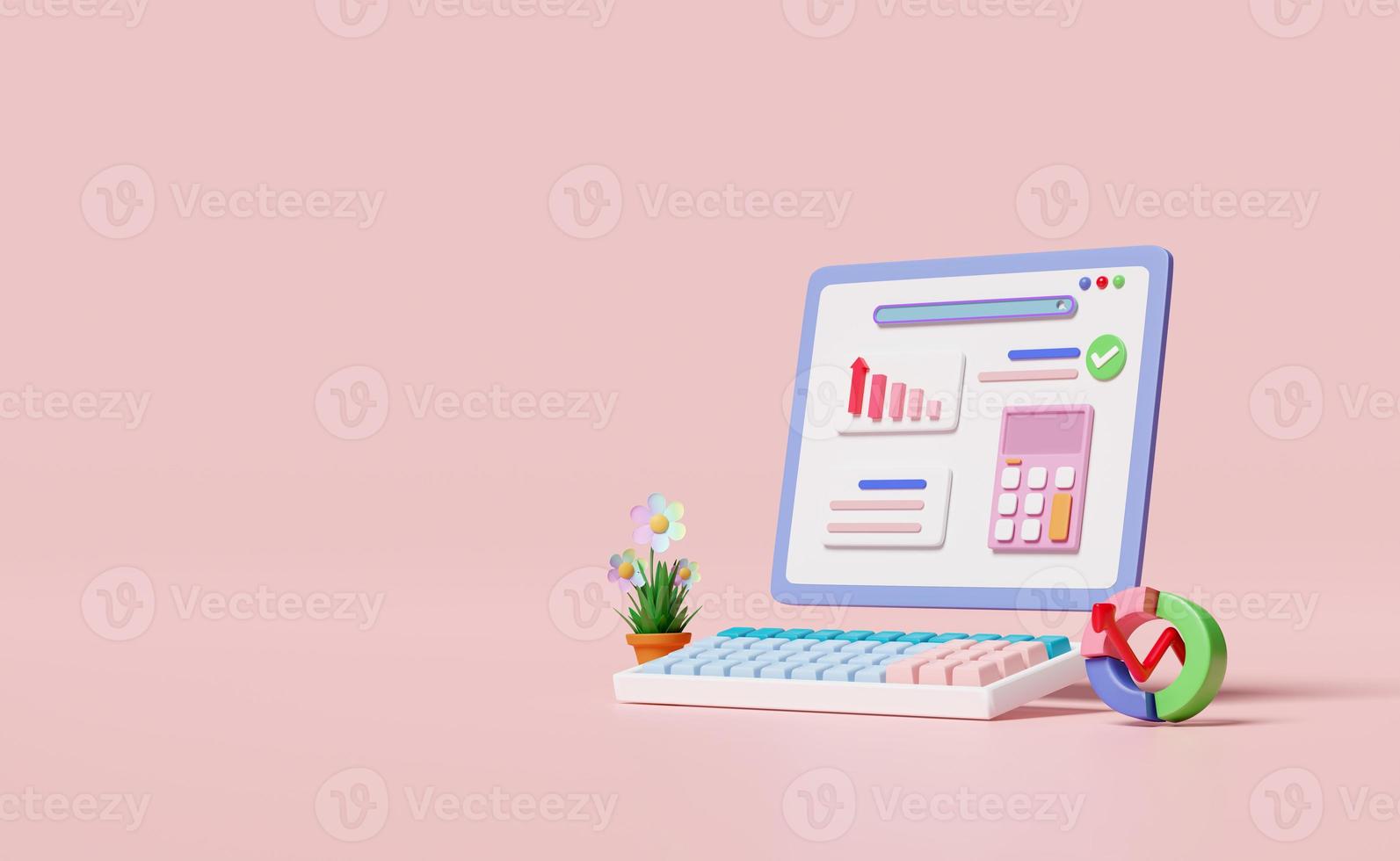3d financial report charts and graph on laptop screen with search bar, calculator isolated on pink background. Online marketing, business strategy, data analysis, concept, 3d render illustration photo