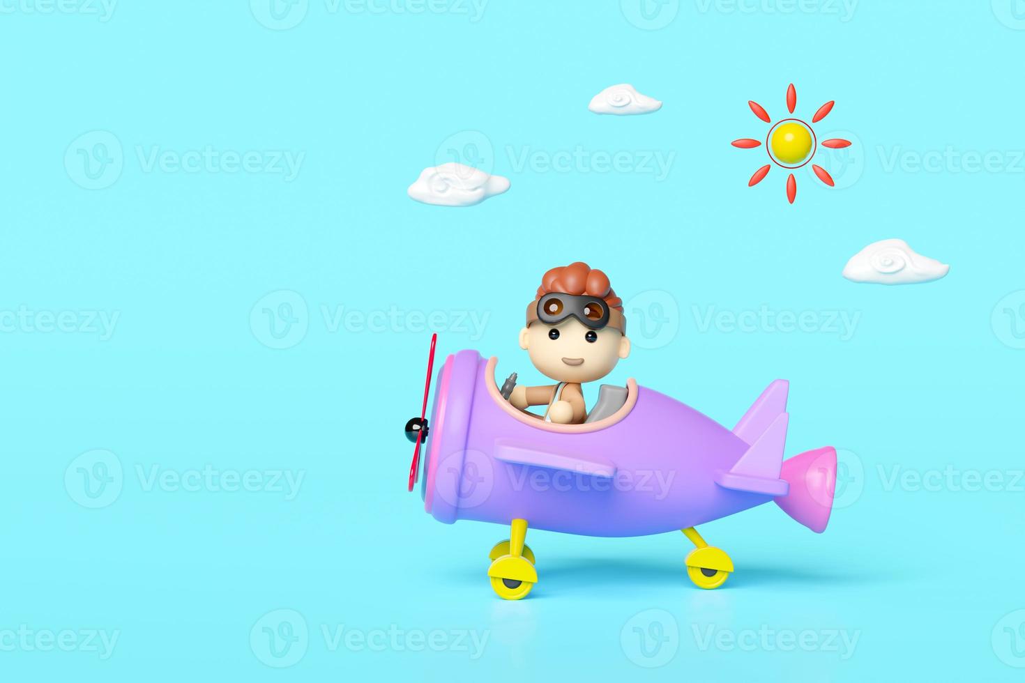 personaje piloto infantil con gafas de piloto, avión de hélice en el aeropuerto aislado de fondo azul. Ilustración de procesamiento 3D, trazado de recorte foto