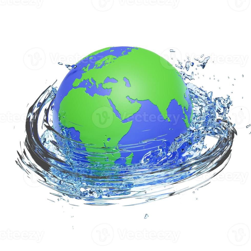 3d world water day concept with water splash, clear blue water scattered around isolated on white background. 3d render illustration photo