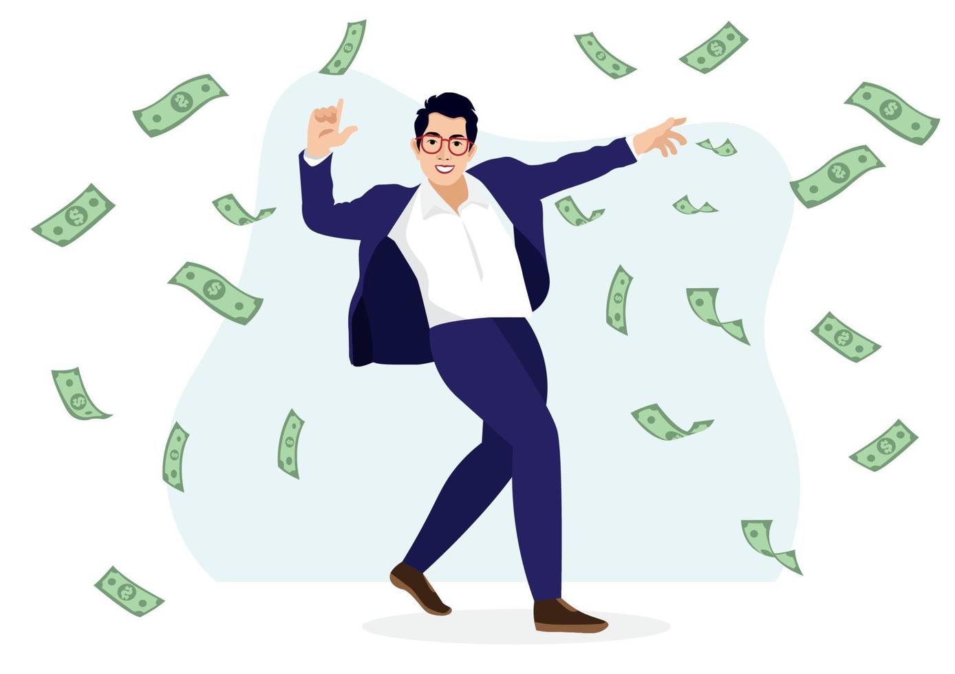 Successful businessman through work he enjoys success Enjoy the money rain. vector illustration