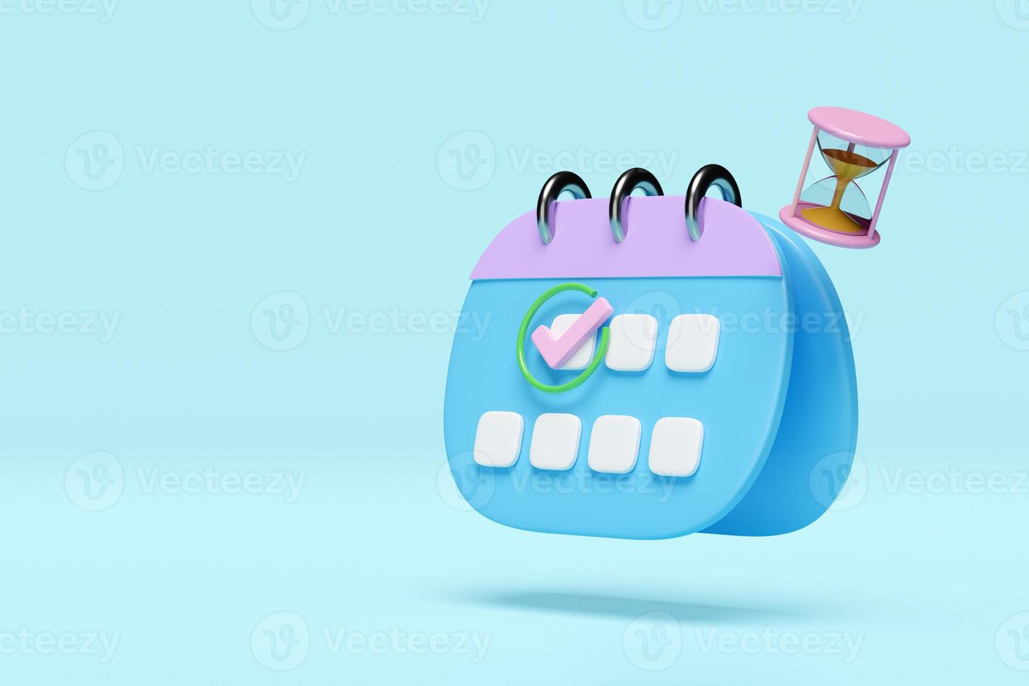 Calendario 3d con reloj de arena, iconos de marca de verificación, fecha marcada aislada en fondo azul. programar cita concepto, 3d renderizar ilustración foto