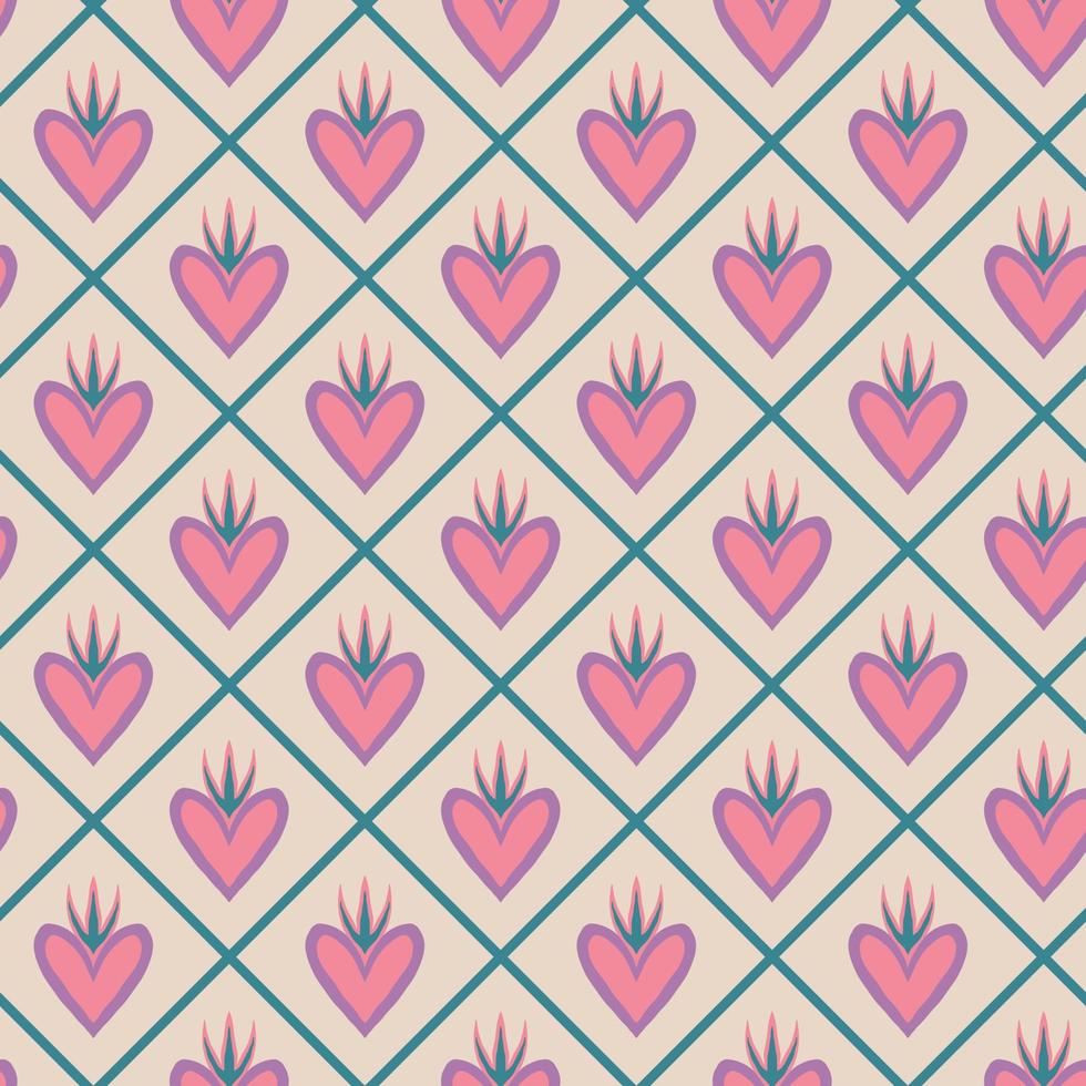 Aesthetic Retro Romantic printable groovy hearts seamless pattern. Decorative Hippie Naive 60's, 70's style Vintage modern background in minimalist style for fabric, wallpaper or wrapping vector