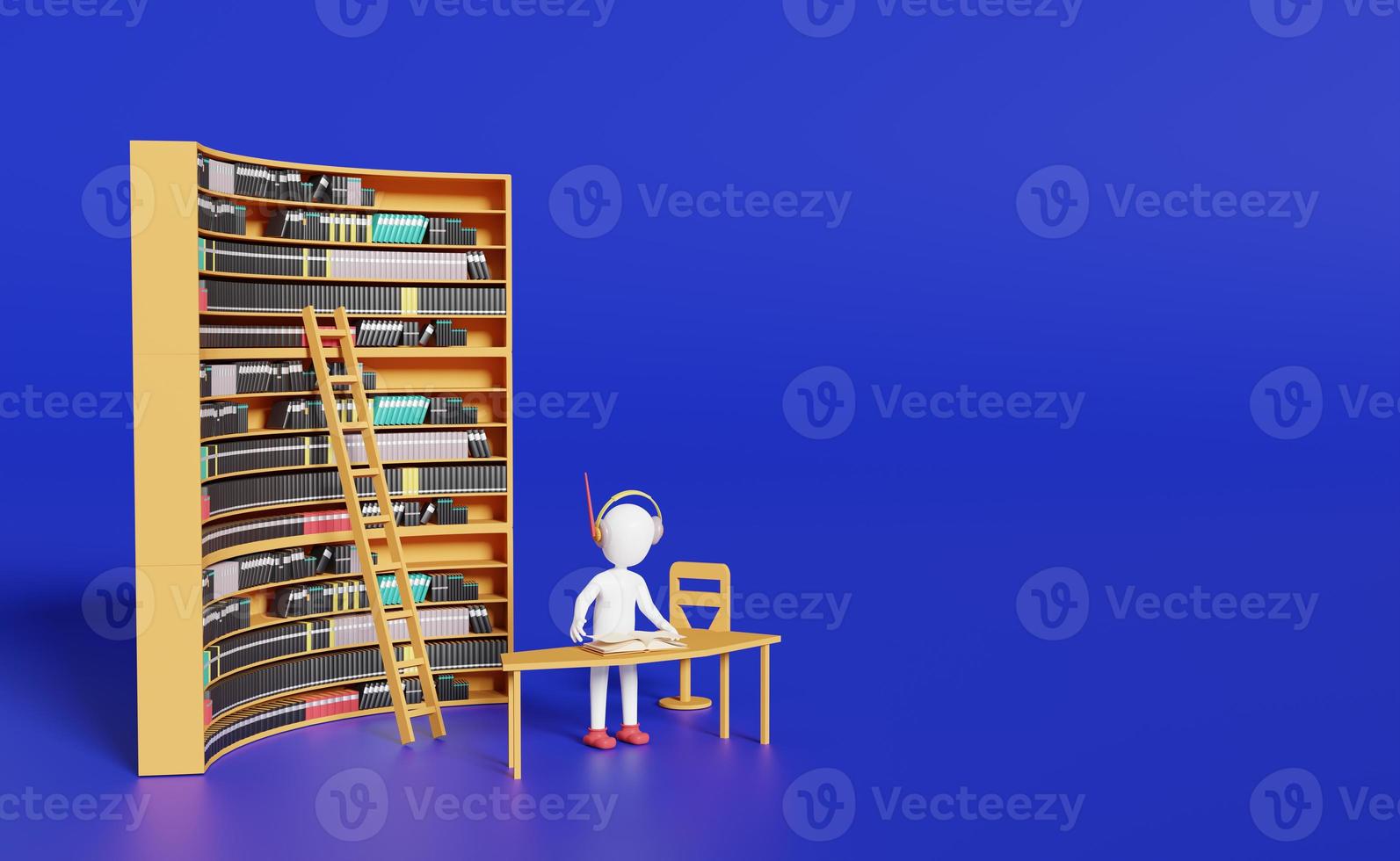 Stick man with book shelves in library ,education and learning concept ,3d illustration or 3d rendering photo