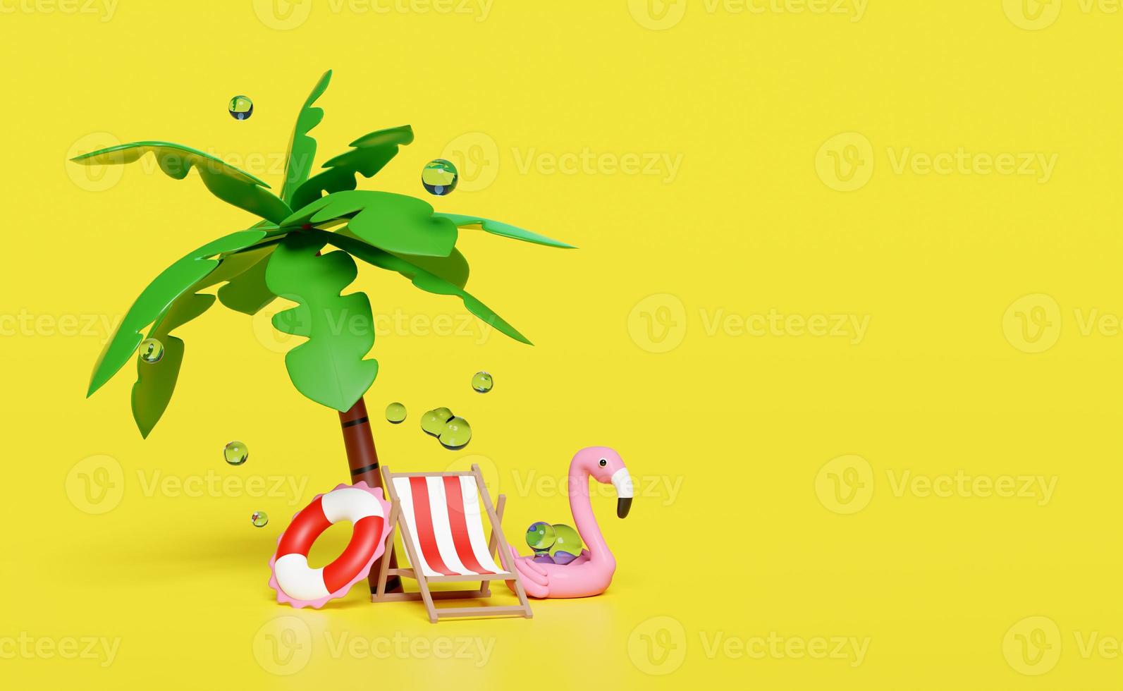 3d summer sea beach with beach chair, Inflatable flamingo, lifebuoy, water splash, palm tree isolated on yellow background. summer travel concept, 3d render illustration photo