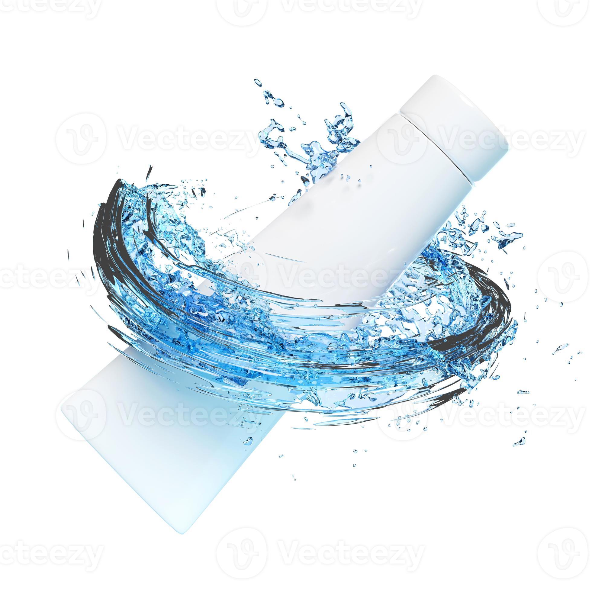 3d toothpaste tube with water splash, clear blue water scattered around