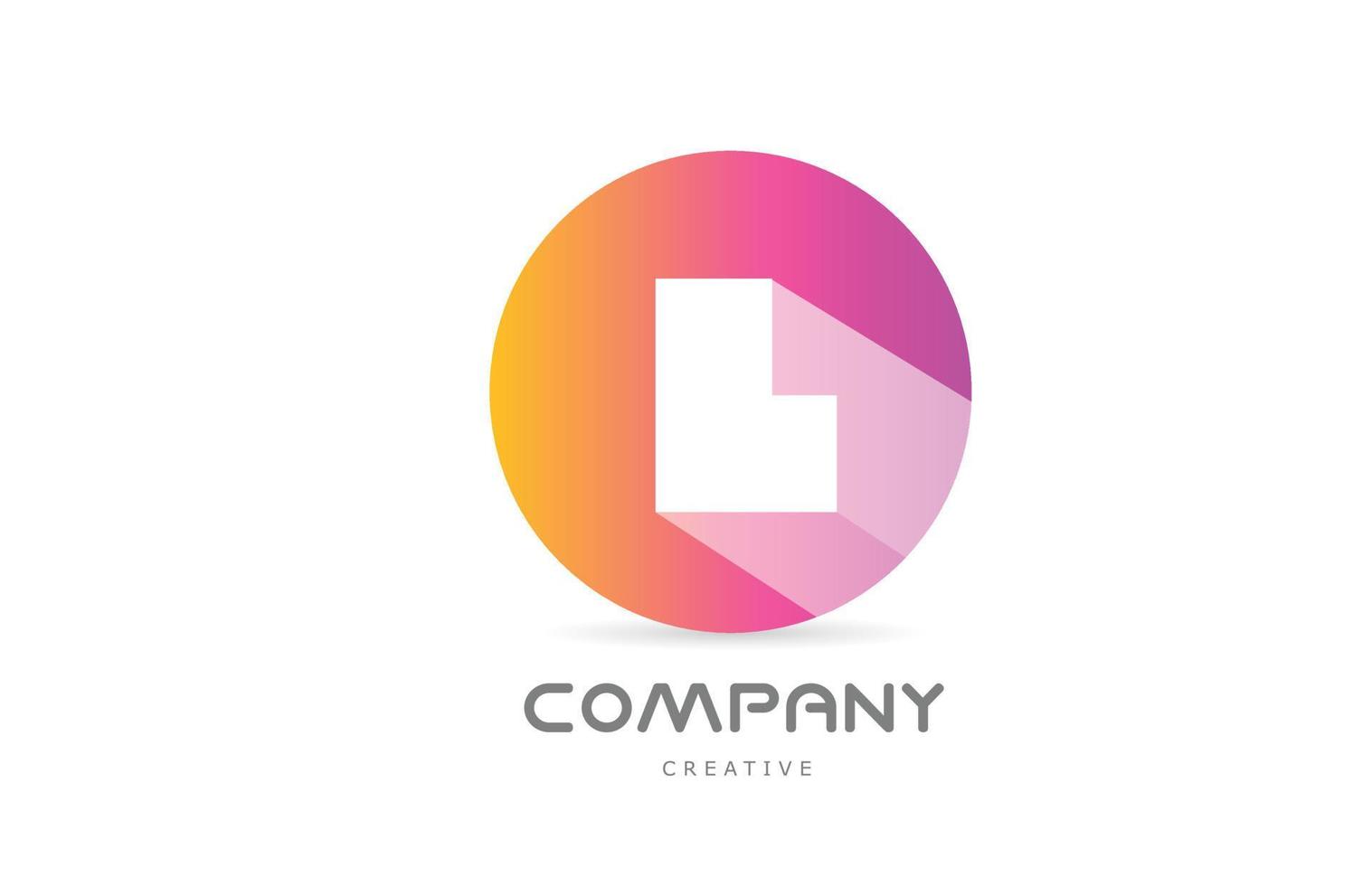 icono del logotipo de la letra del alfabeto l amarillo rosa con sombra larga. plantilla creativa para negocio o empresa con círculo vector