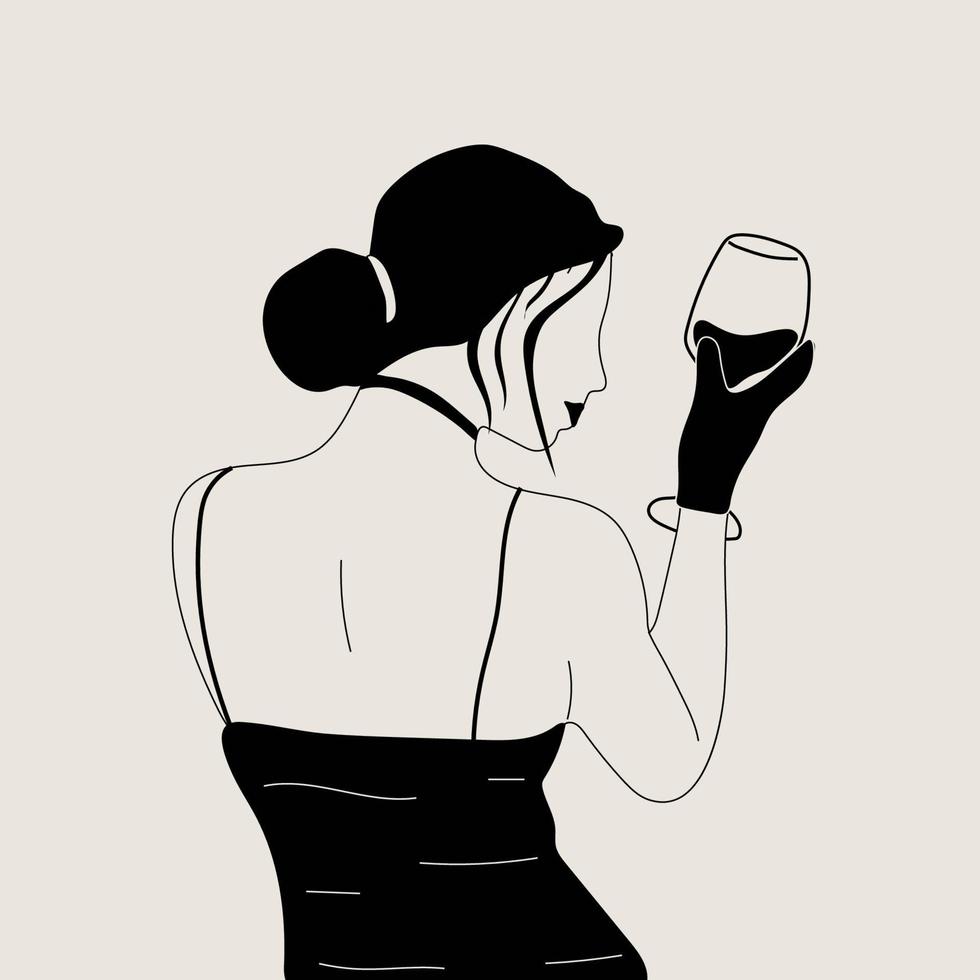 Abstract portrait of woman with glasses of wine. Female drinks wine. Minimalist vine lovers. Trendy vector illustration in monochrome style