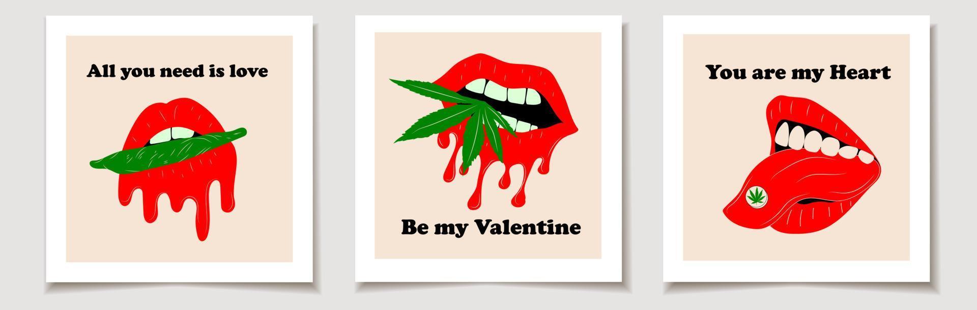 juego de tarjetas de san valentín con boca con cannabis. amor, día de san valentín. vector