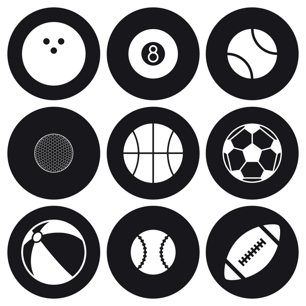 juego de iconos de pelota deportiva. blanco sobre un fondo negro vector