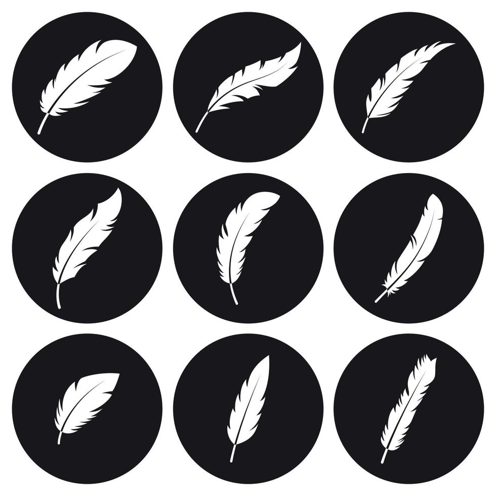 conjunto de iconos de plumas. blanco sobre un fondo negro vector