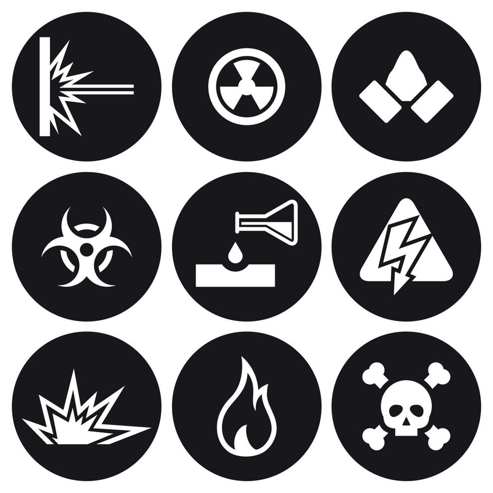 Hazard and danger icons set. White on a black background vector