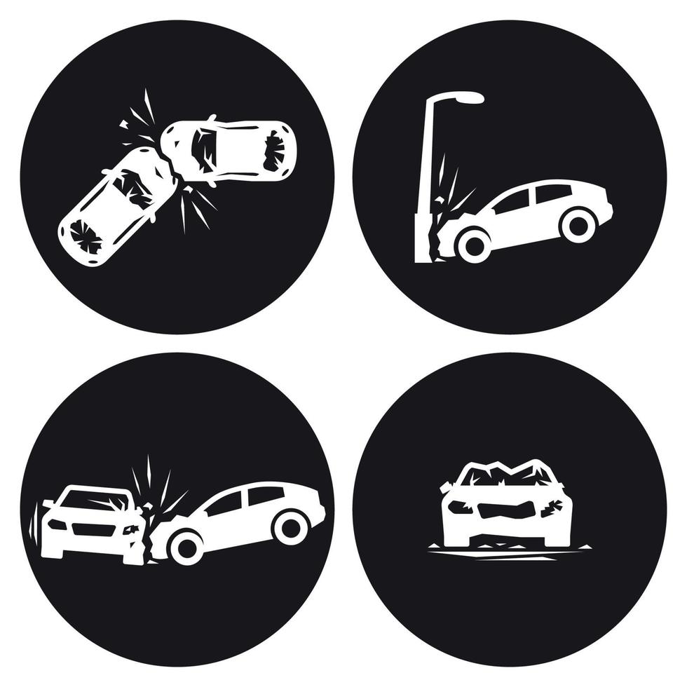 Conjunto de iconos de accidente de coche vectorial de coches estrellados. blanco sobre un fondo negro vector