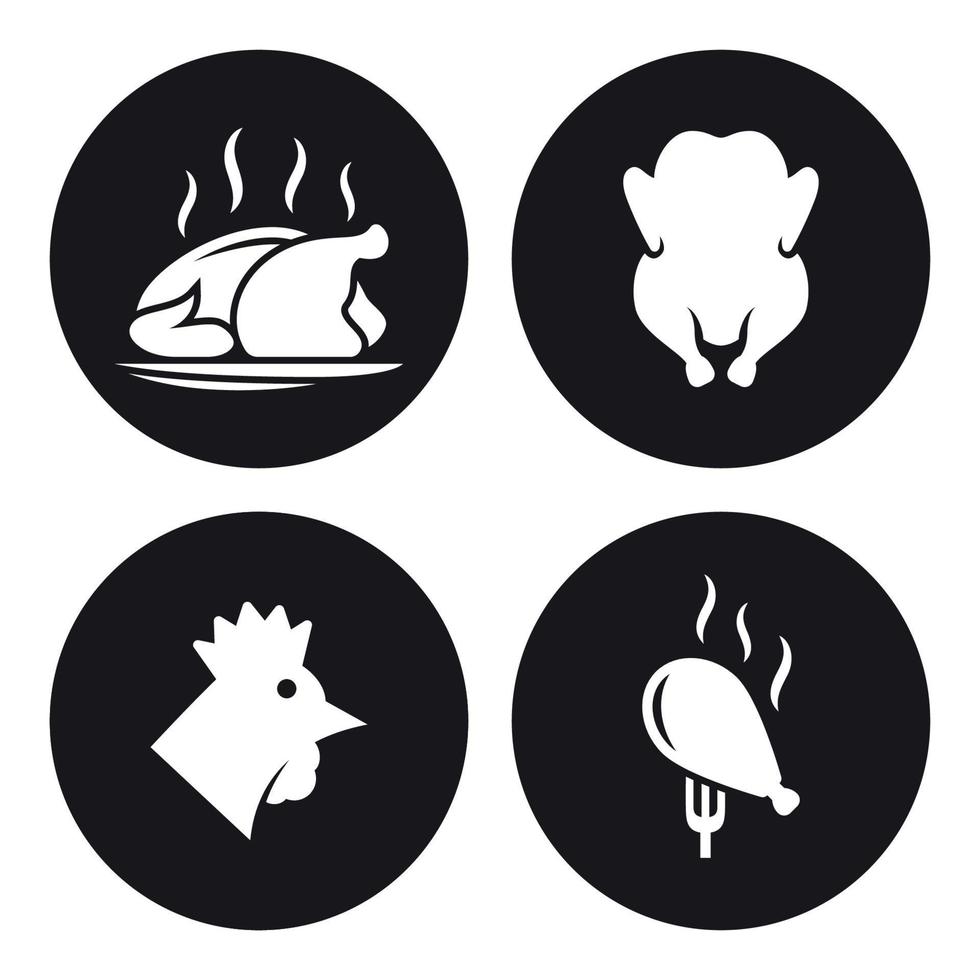 Chicken, fried chicken icons set. White on a black background vector