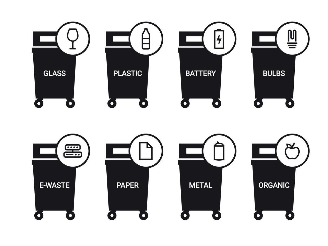 icono de papelera de reciclaje de separación. conjunto de signos vector