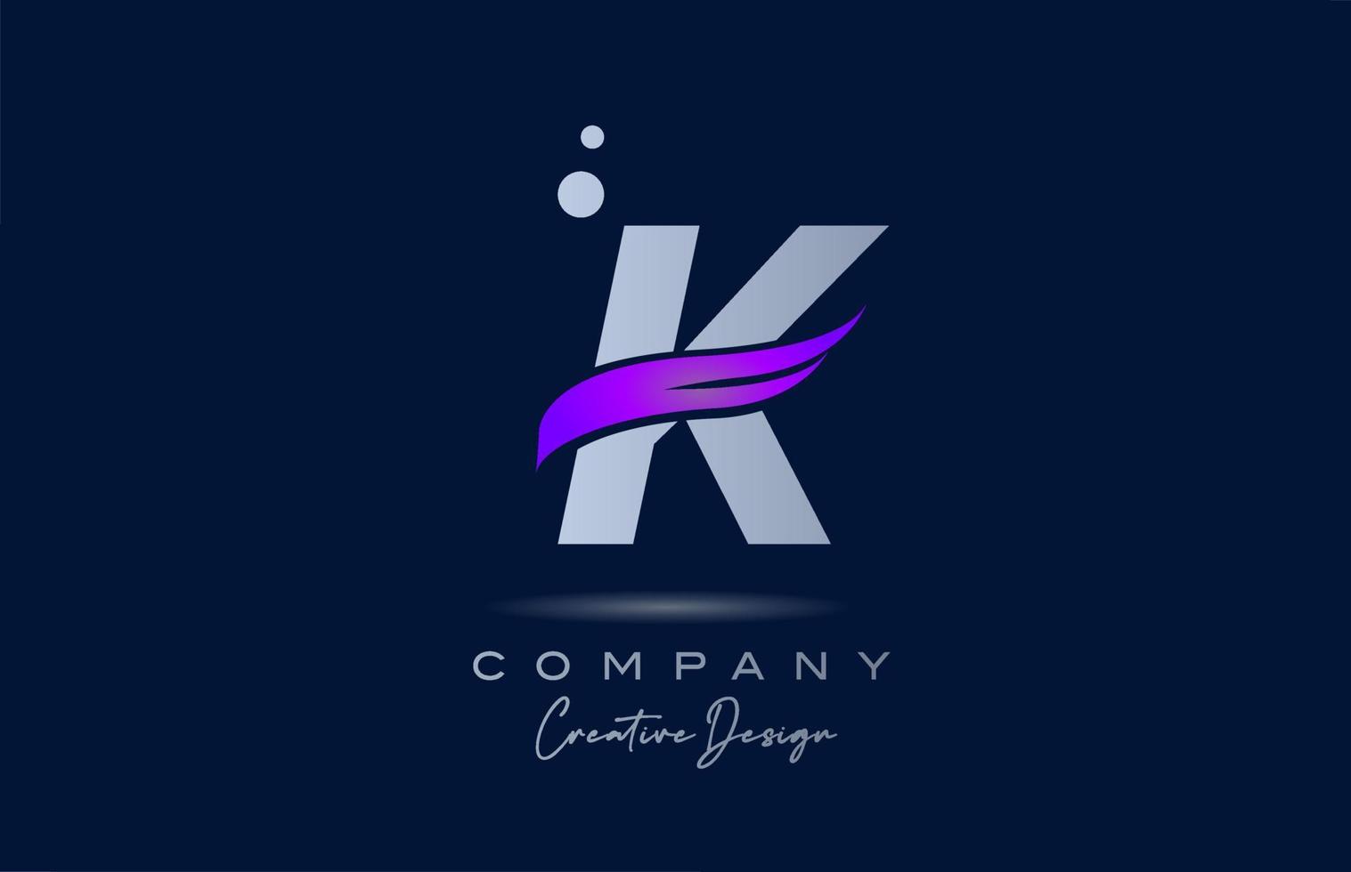 K purple alphabet letter logo icon with pink swoosh. Creative template for business and company vector