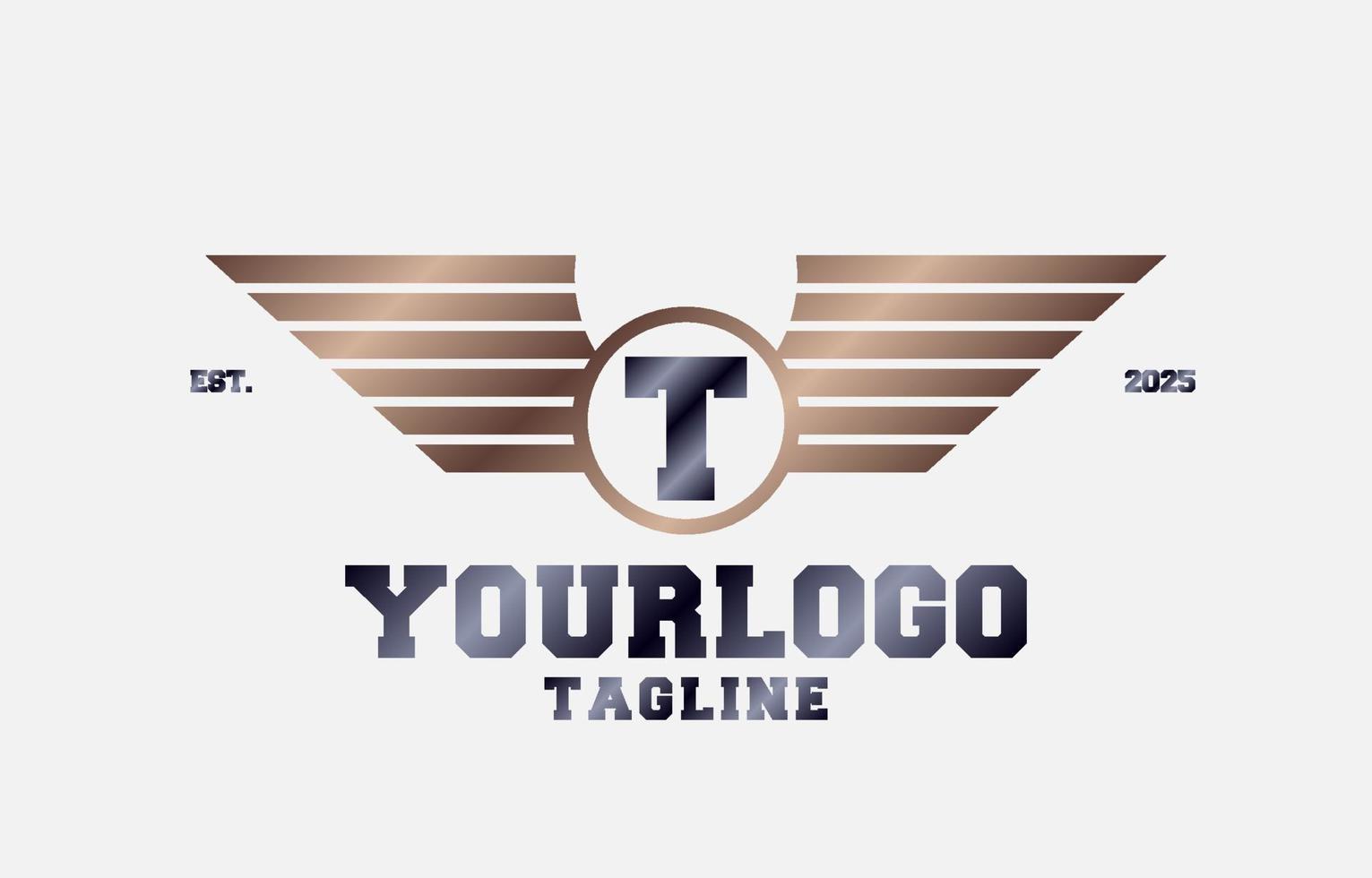 elemento de diseño de logotipo de vector inicial de alas de metal de letra t