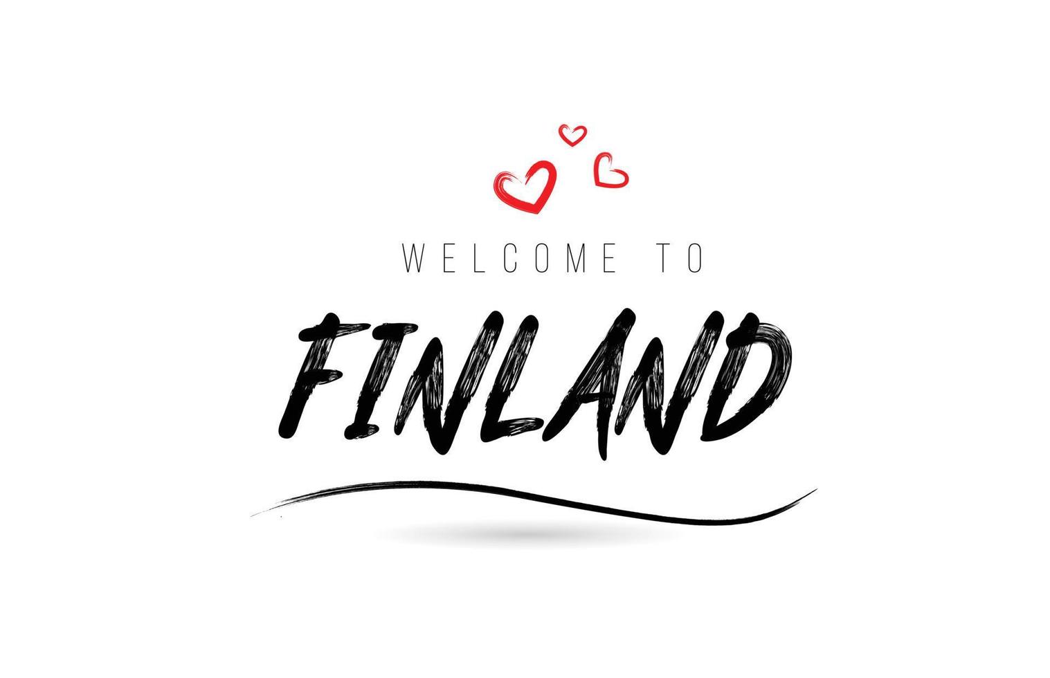 Bienvenido a la tipografía de texto del país de Finlandia con corazón de amor rojo y nombre negro vector