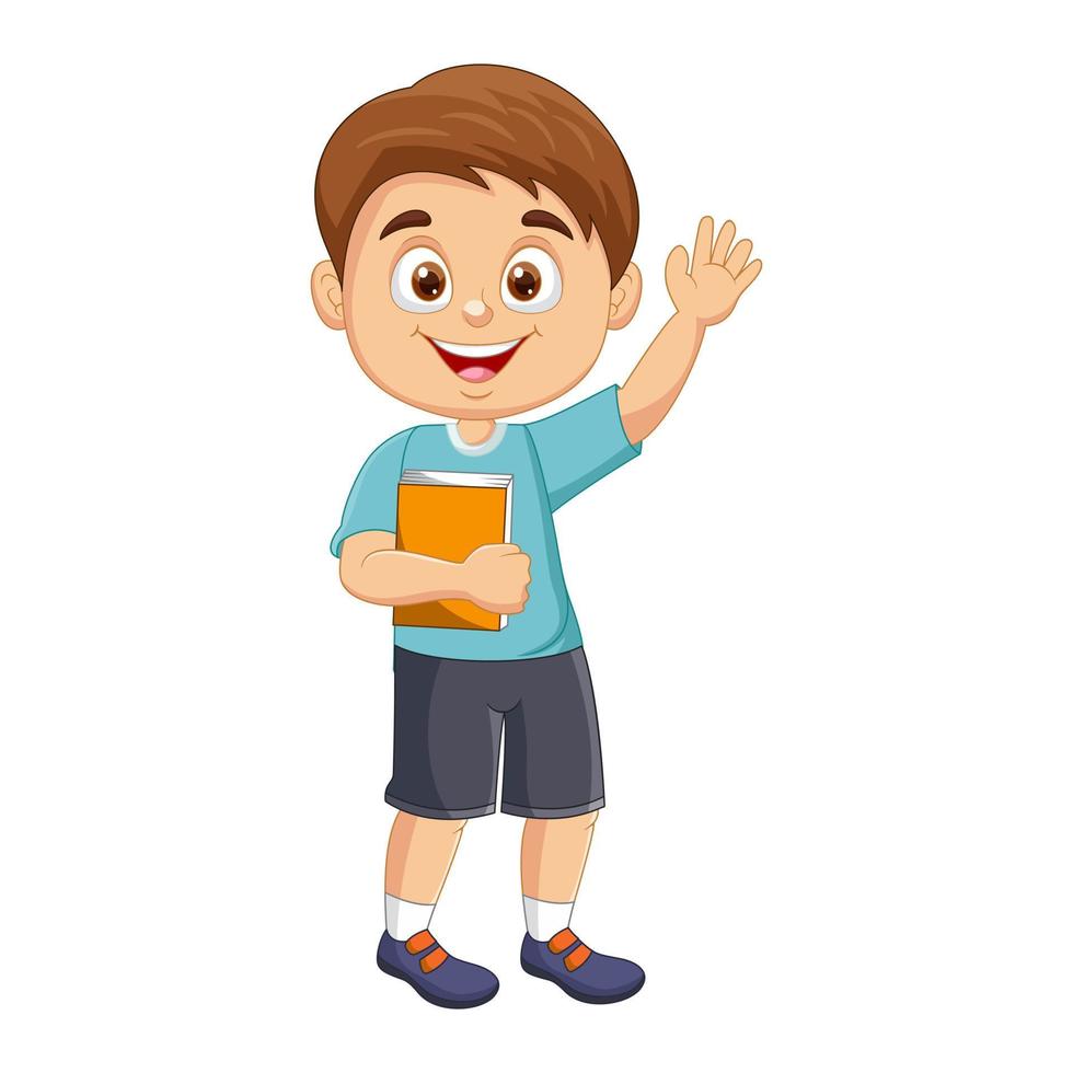 Cute boy carrying a book while waving vector