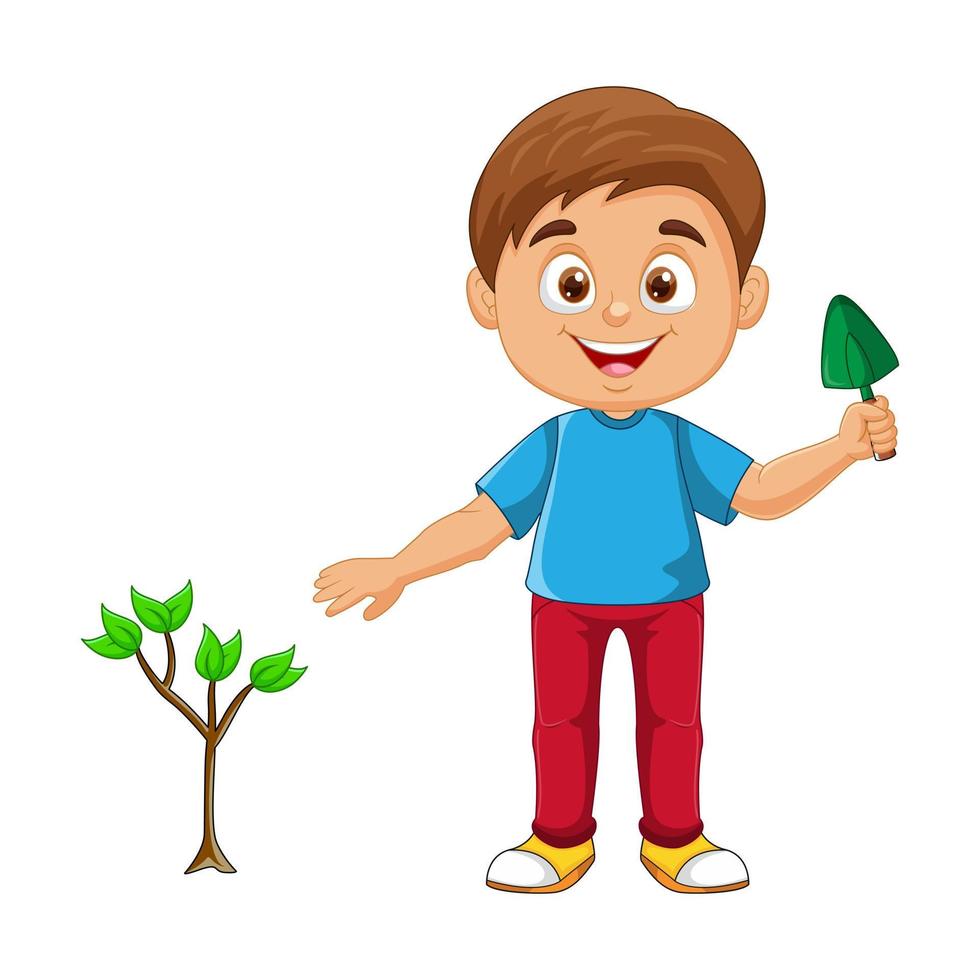 Cute gardener boy with plants shovel vector