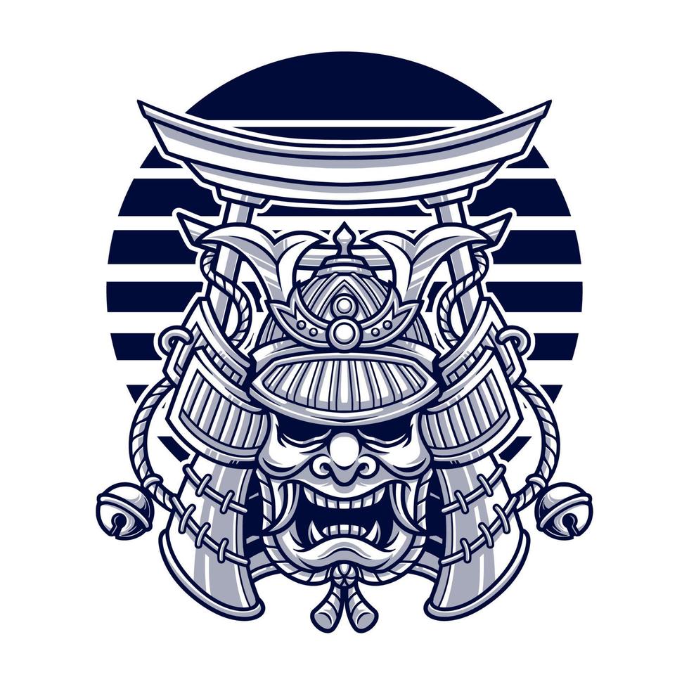 Hand drawn of Japanese samurai mask head illustration vector