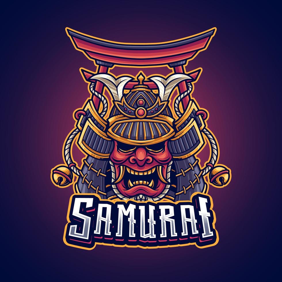 cabeza de máscara de samurai japonés con ilustración de puerta torii vector