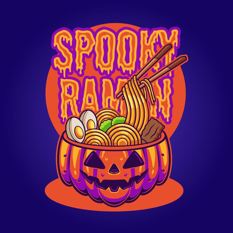 Japanese ramen noodle on scary pumpkin bowl illustration vector