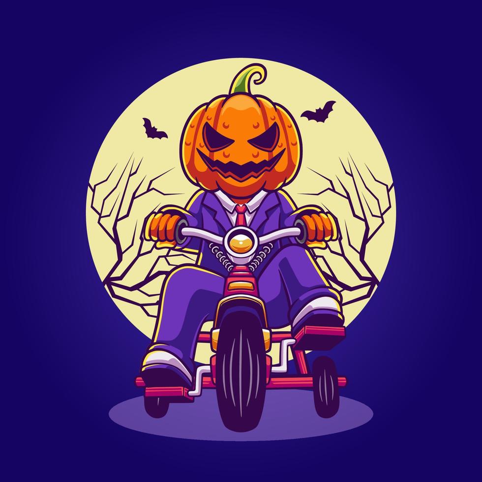 Cute scary pumpkin riding on bike illustration vector