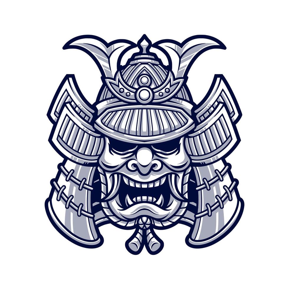 Hand drawn of Japanese samurai mask head illustration vector