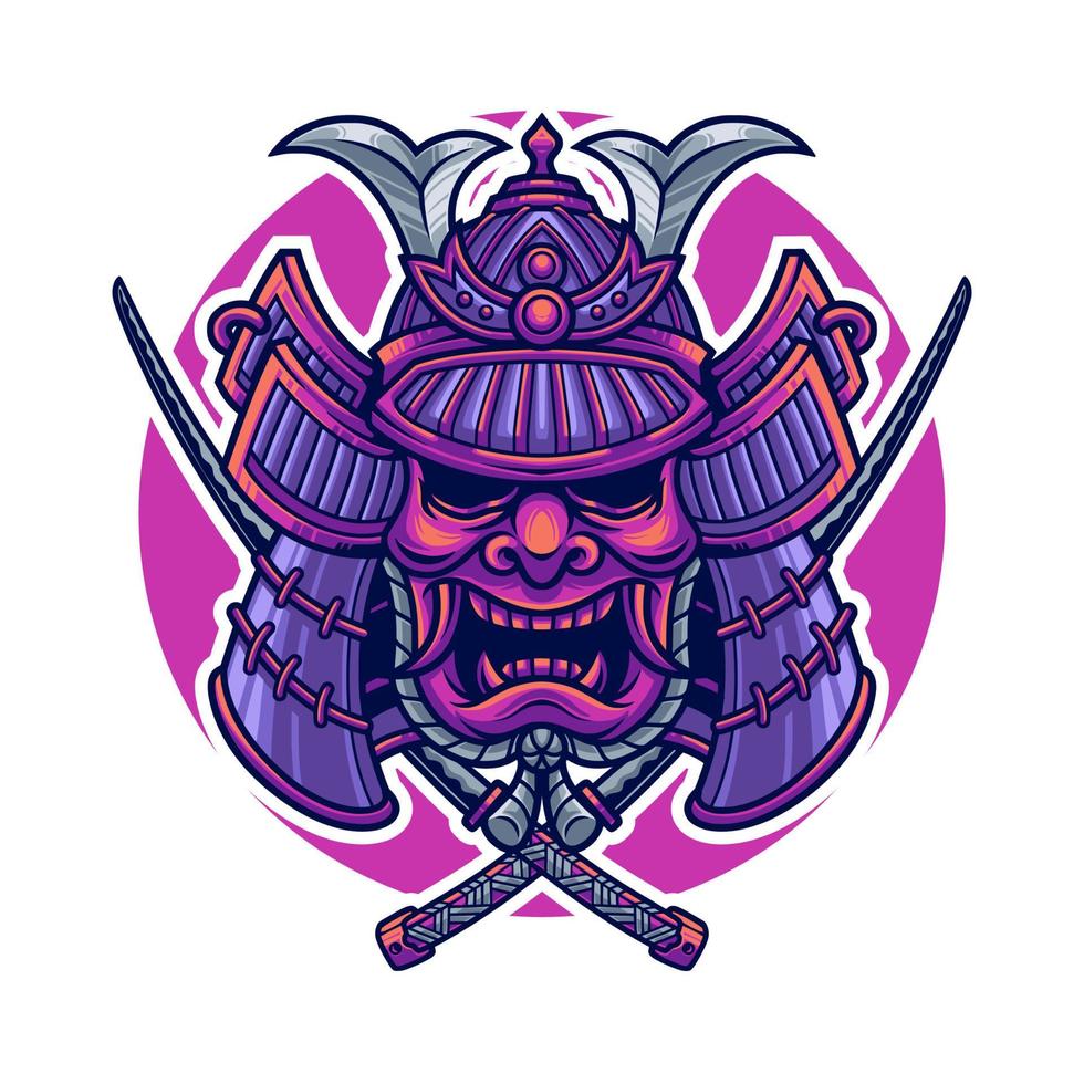 Japanese samurai mask head with katana illustration vector