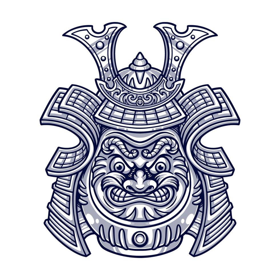 dibujado a mano de daruma japonés con ilustración de casco samurai vector