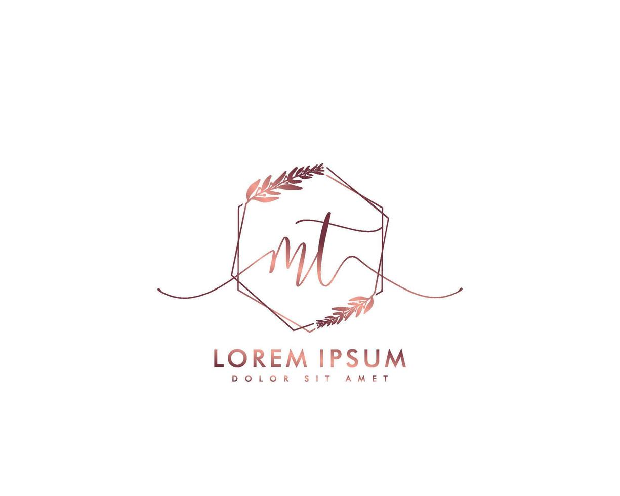 Initial MT Feminine logo beauty monogram and elegant logo design, handwriting logo of initial signature, wedding, fashion, floral and botanical with creative template vector