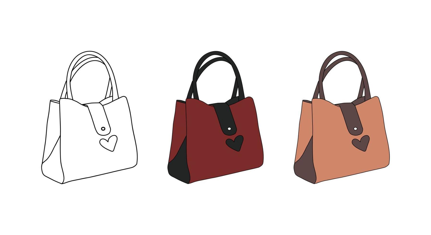 Women stylish leather handbags set, woman purse, zipper bags with vector illustration