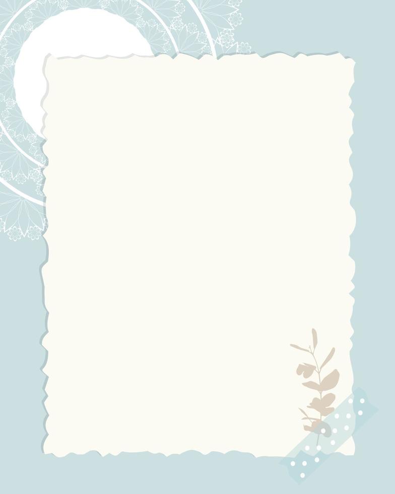Empty blank collage vintage in scrapbooking and herbarium style, with lace doily, blue background. vector