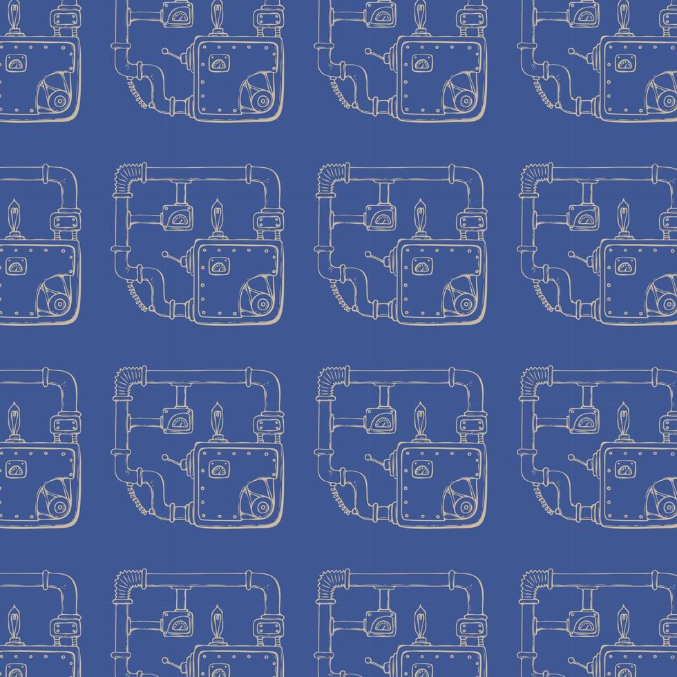 Pattern steampunk with pipes, gears and other mechanical elements. Blue background. vector