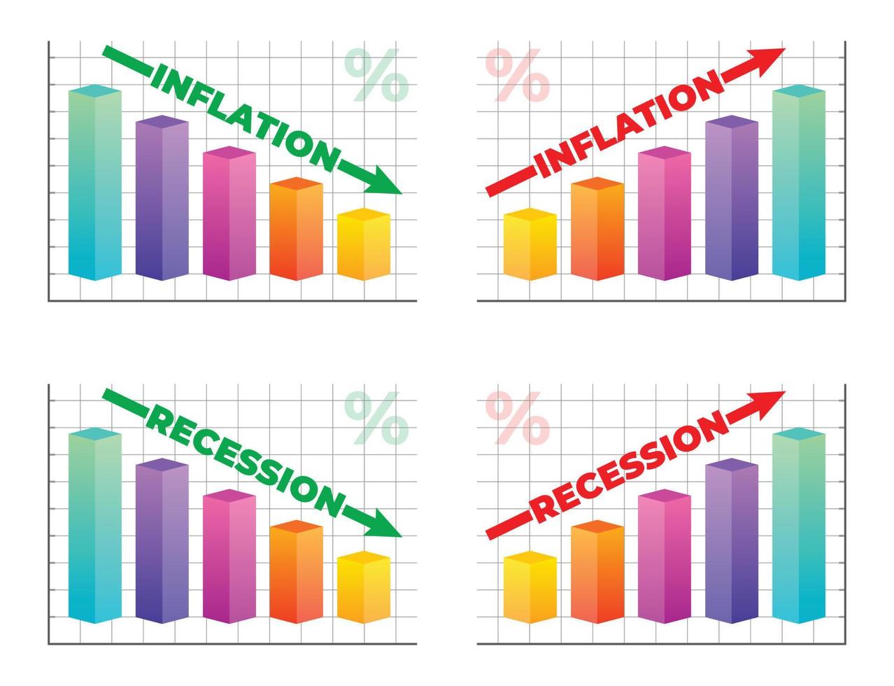 Infografía 3d de barra colorida de inflación y recesión con gráfico de flecha que sube y baja el crecimiento de los negocios financieros y económicos aislados en fondo blanco. vector