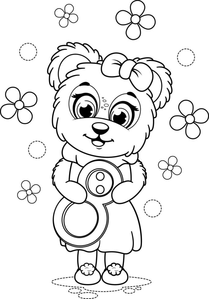 Coloring page. A cartoon cute bear with number 8 vector