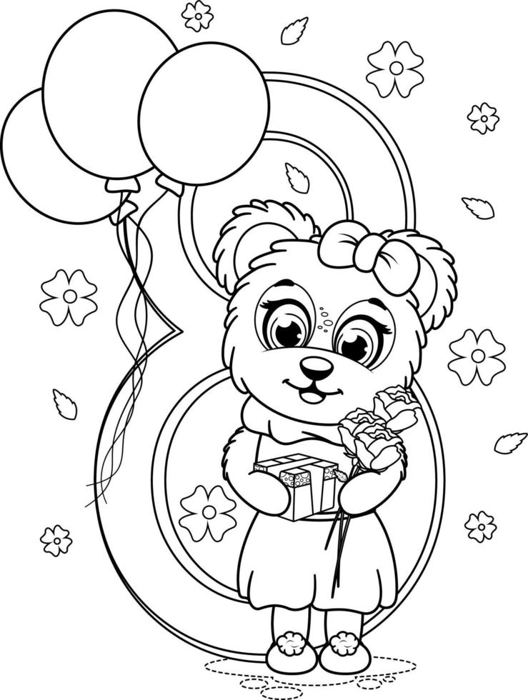 Coloring page. A cute cartoon bear with flowers, gift, balloons and number 8 vector