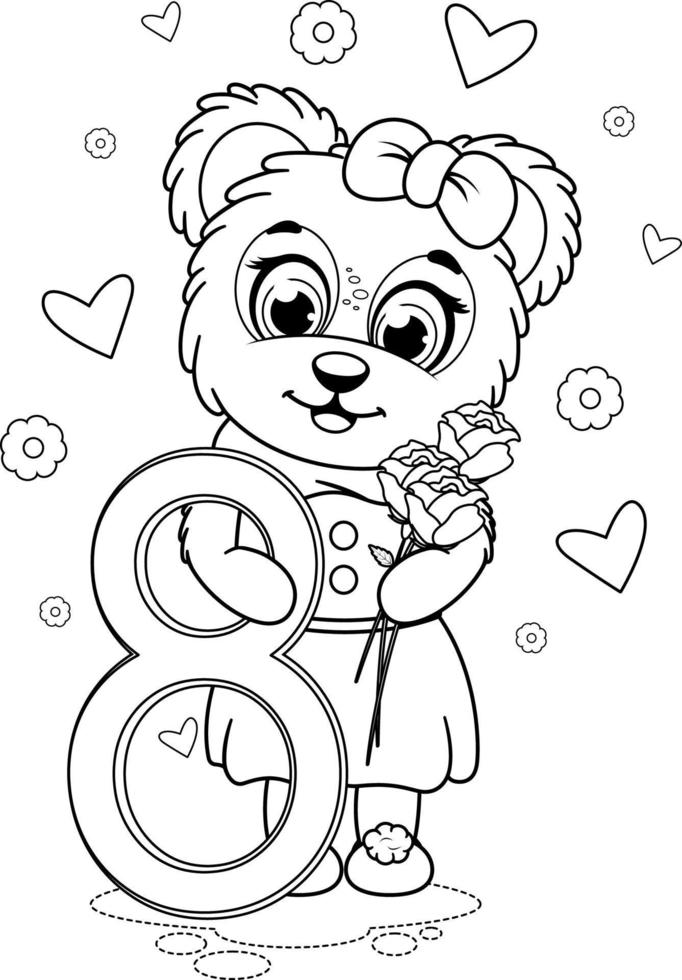 Coloring page. A cute bear with flowers and number 8 vector