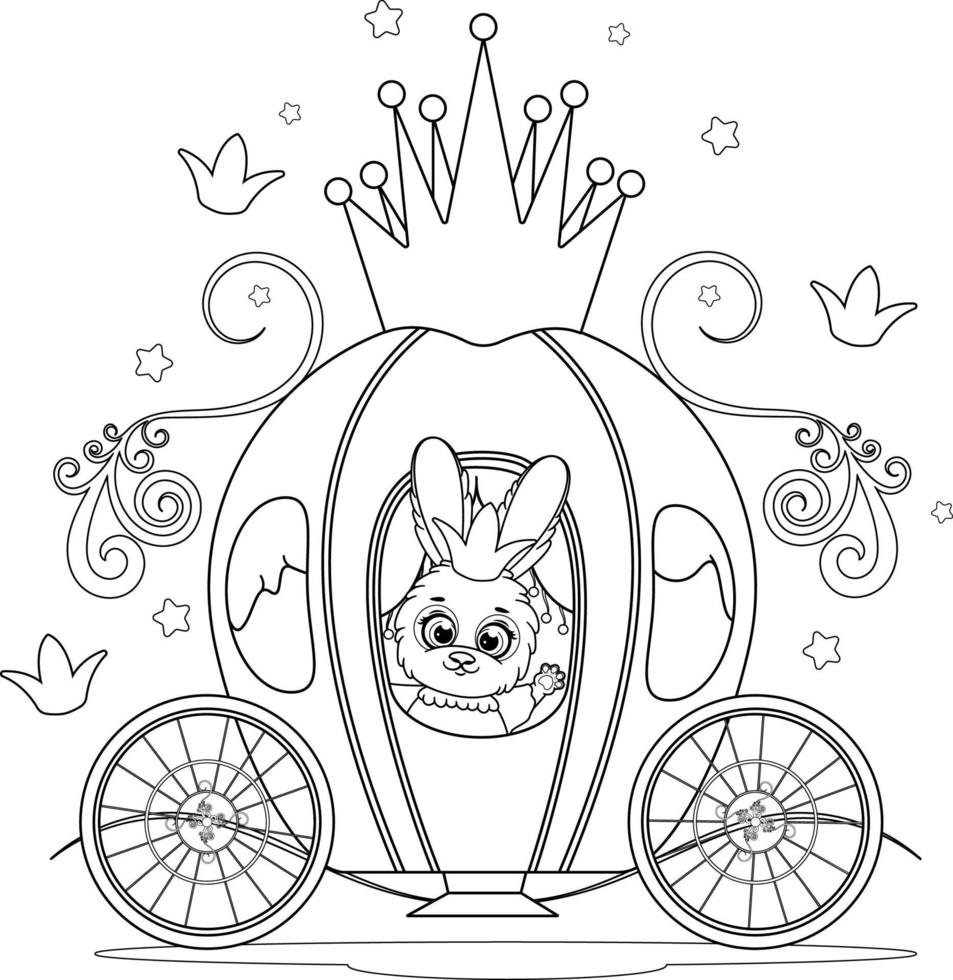 Coloring page. Cute cartoon bunny princess in a fairy carriage vector