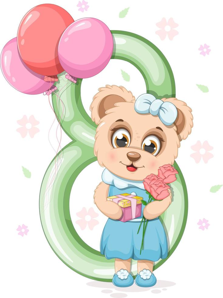 un lindo oso de dibujos animados con flores, regalos, globos y el número 8 vector