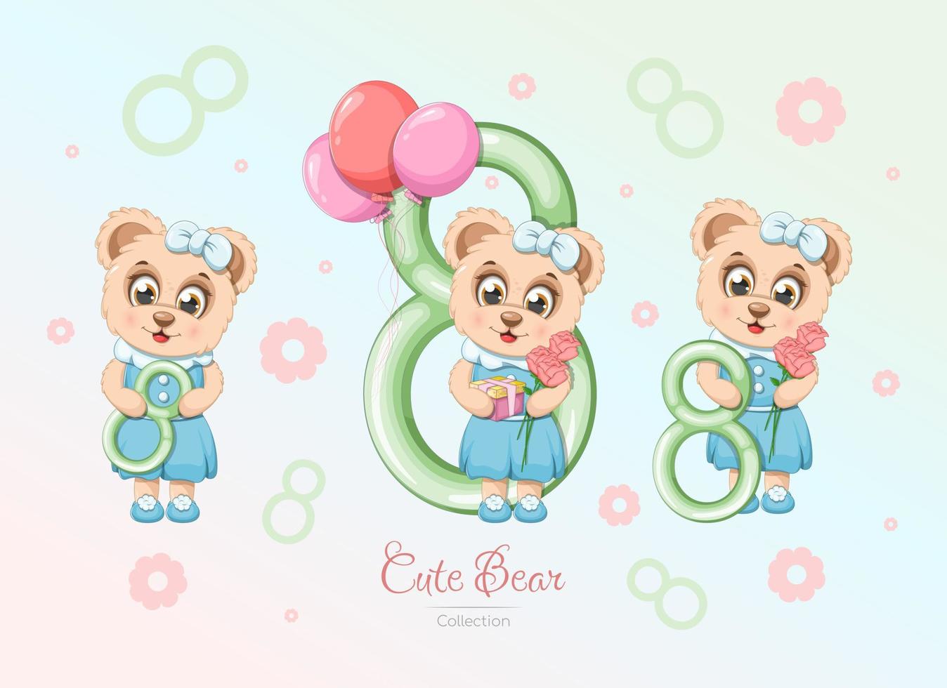 Collection of cute and cartoon bears with number 8 vector