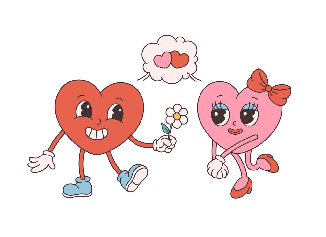 Trendy retro cartoon heart characters. Groovy style, vintage, 70s 60s aesthetics. Valentines day, falling in love. vector