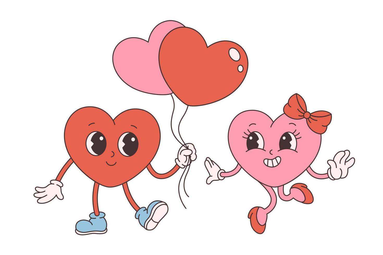 Trendy retro cartoon heart characters. Groovy style, vintage, 70s 60s aesthetics. Happy Valentines day. vector