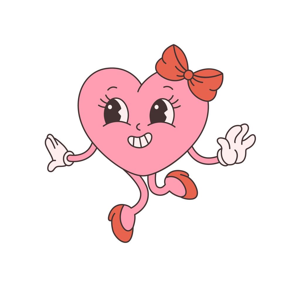 personaje de corazón de dibujos animados retro de moda. estilo maravilloso, vintage, estética de los años 70 y 60. Día de San Valentín. vector