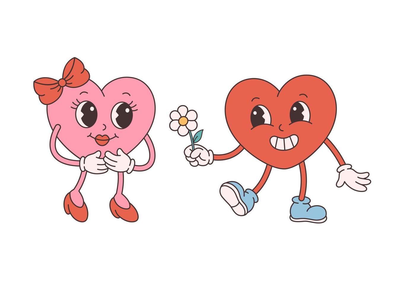 Trendy retro cartoon heart characters. Groovy style, vintage, 70s 60s aesthetics. Valentines day, falling in love. vector