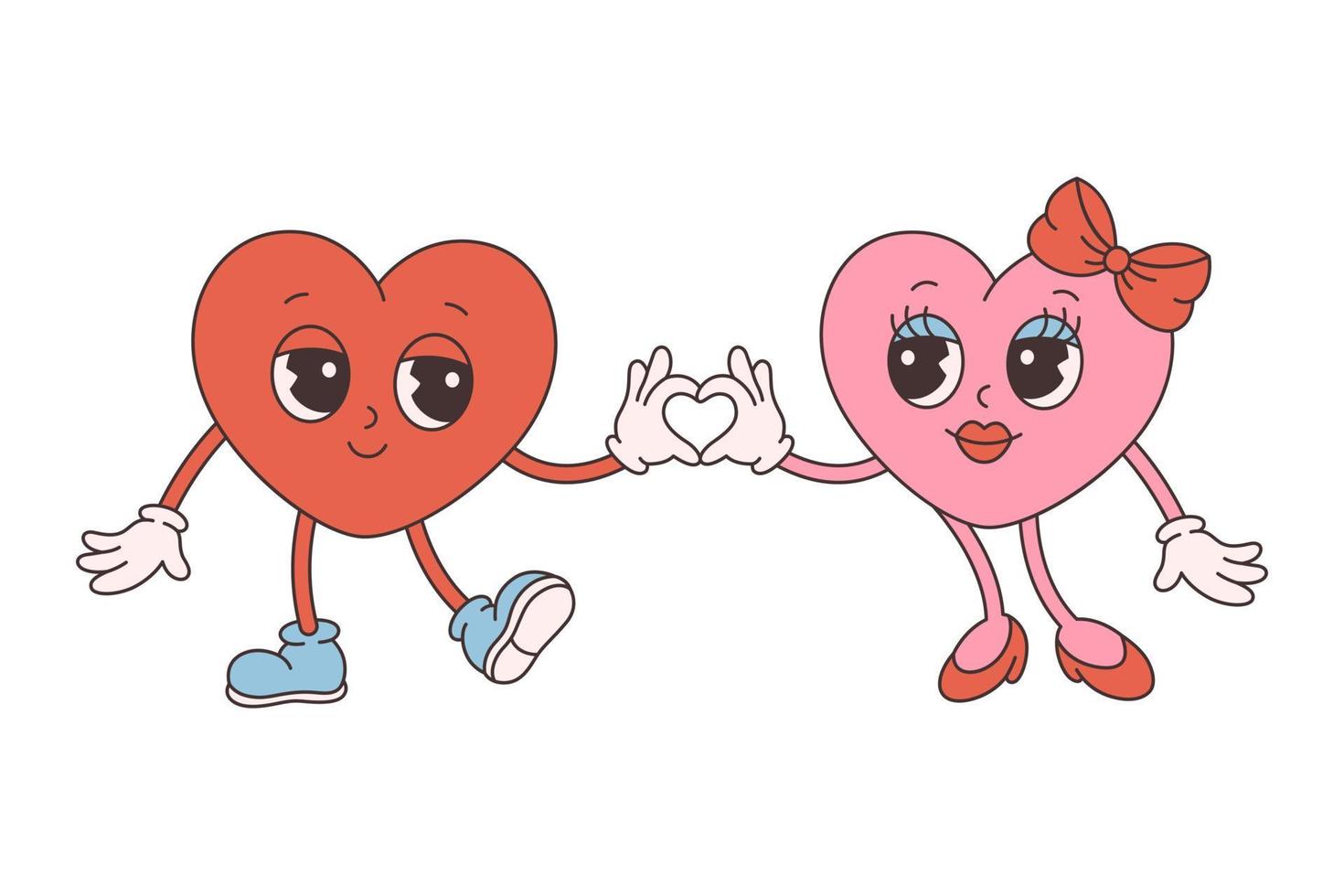 Trendy retro cartoon heart characters. Groovy style, vintage, 70s 60s aesthetics. Happy Valentines day. vector