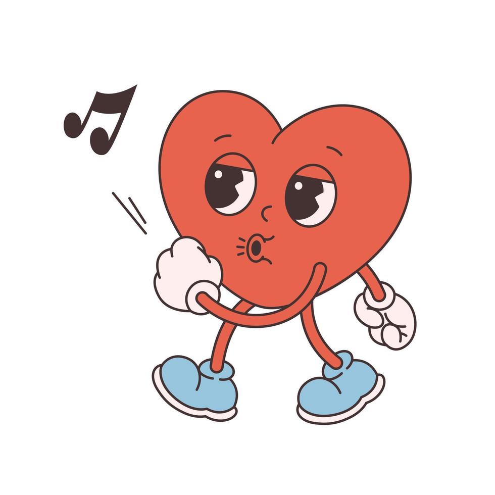 Trendy retro cartoon heart character. Groovy style, vintage, 70s 60s aesthetics. Valentines day. vector